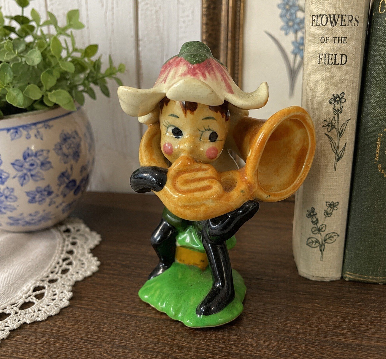 RARE Anthropomorphic Pixie Elf Playing Tuba Figurine Vintage Japan Glossy 3.5”