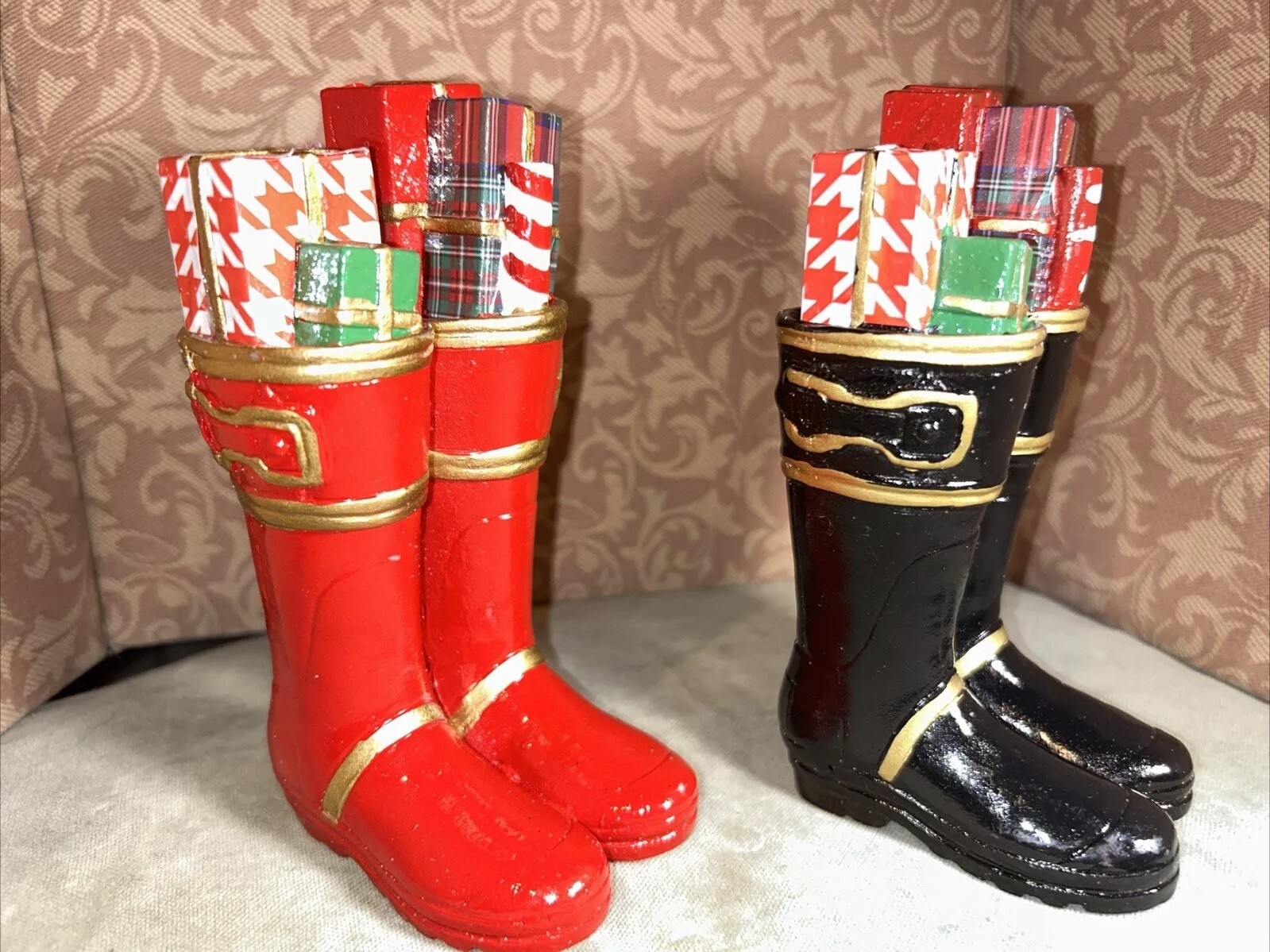 Christmas Decor Hand-Painted Red And Black Boots W/Gold filled W/Presents 5.5”