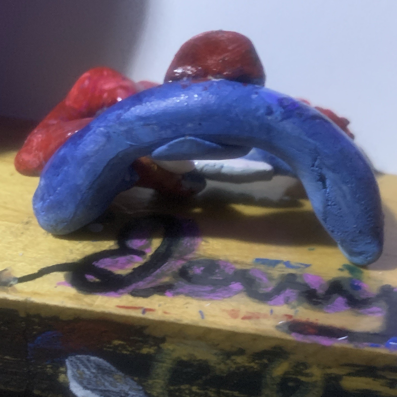 Hand Painted Abstract Clay Sculpture, Blue Red White Abstract Art Decor