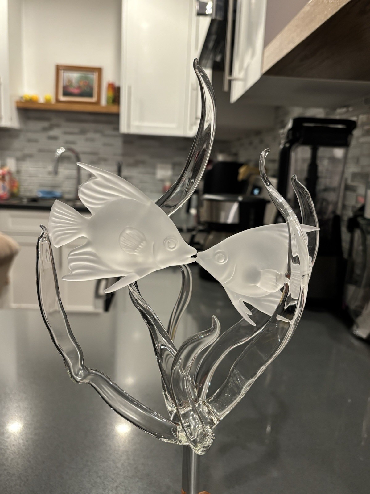 Art Glass Sculpture: Two Frosted Angelfish on Natural Burl Wood Base