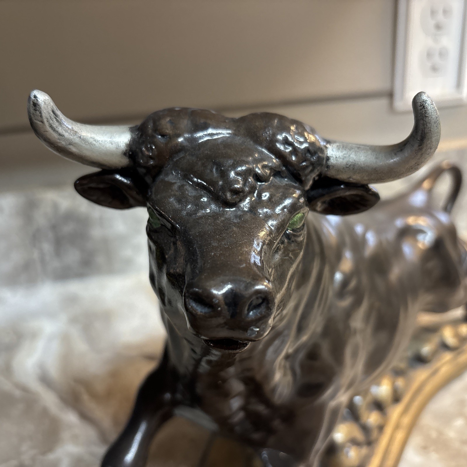 VTG 1970s Atlantic Mold Bronzed Gold Ceramic Spanish Bull Signed MCM 12.5”X 9.5”