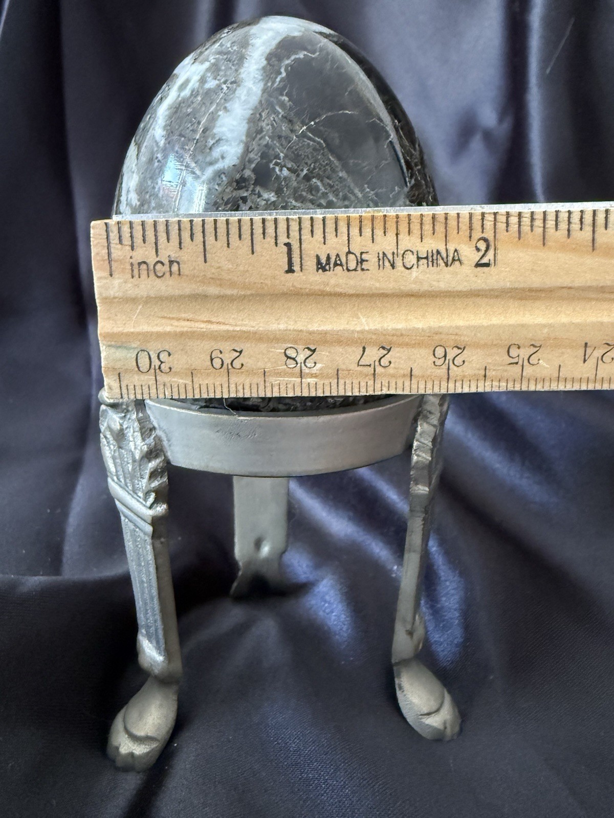 Large Vintage Stone Egg Sculpture on Metal Tripod Stand Mid Century Decor