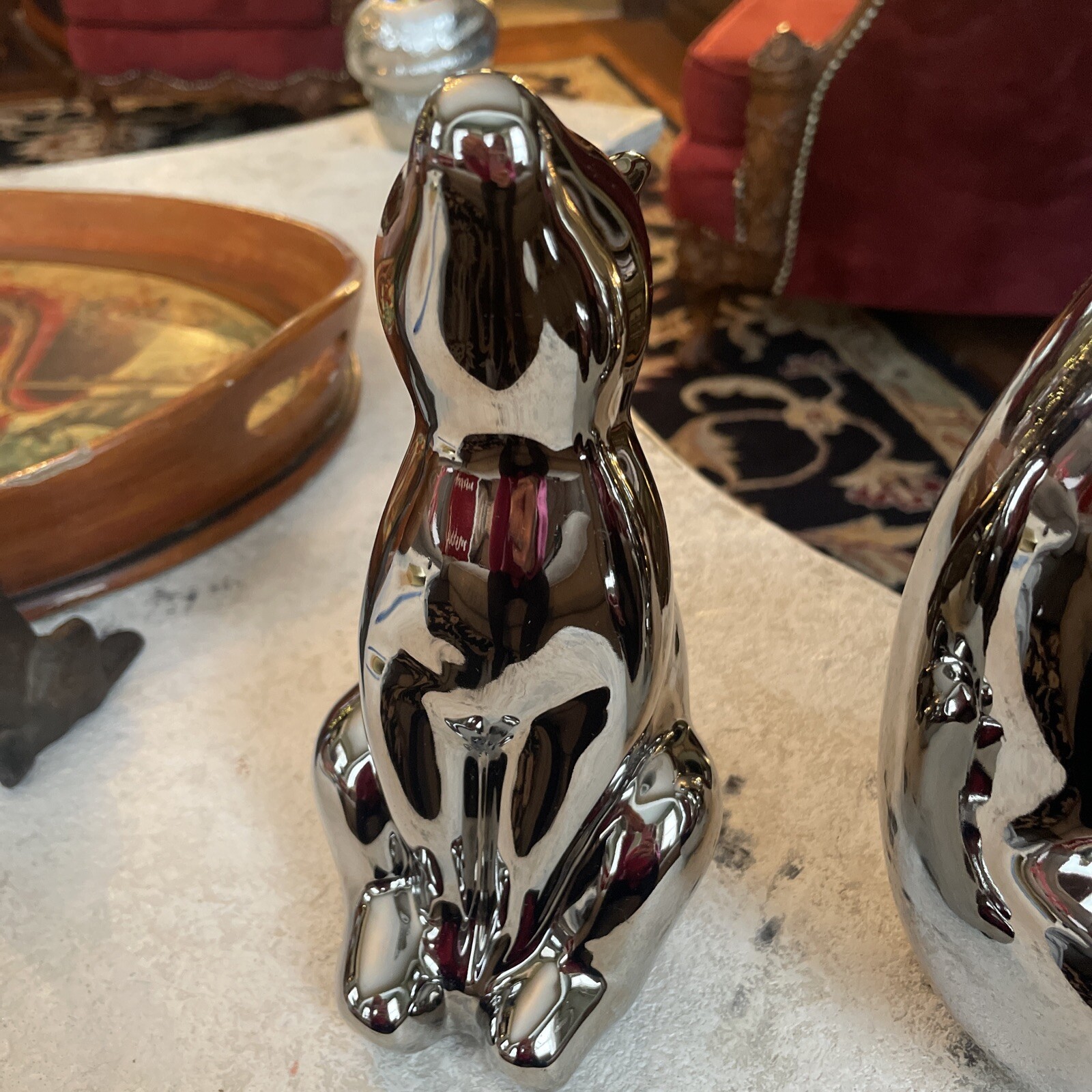 2 Vintage Jaru? Chrome Ceramic Bear Statues 10.5” 8” Mid Century Modern Metallic