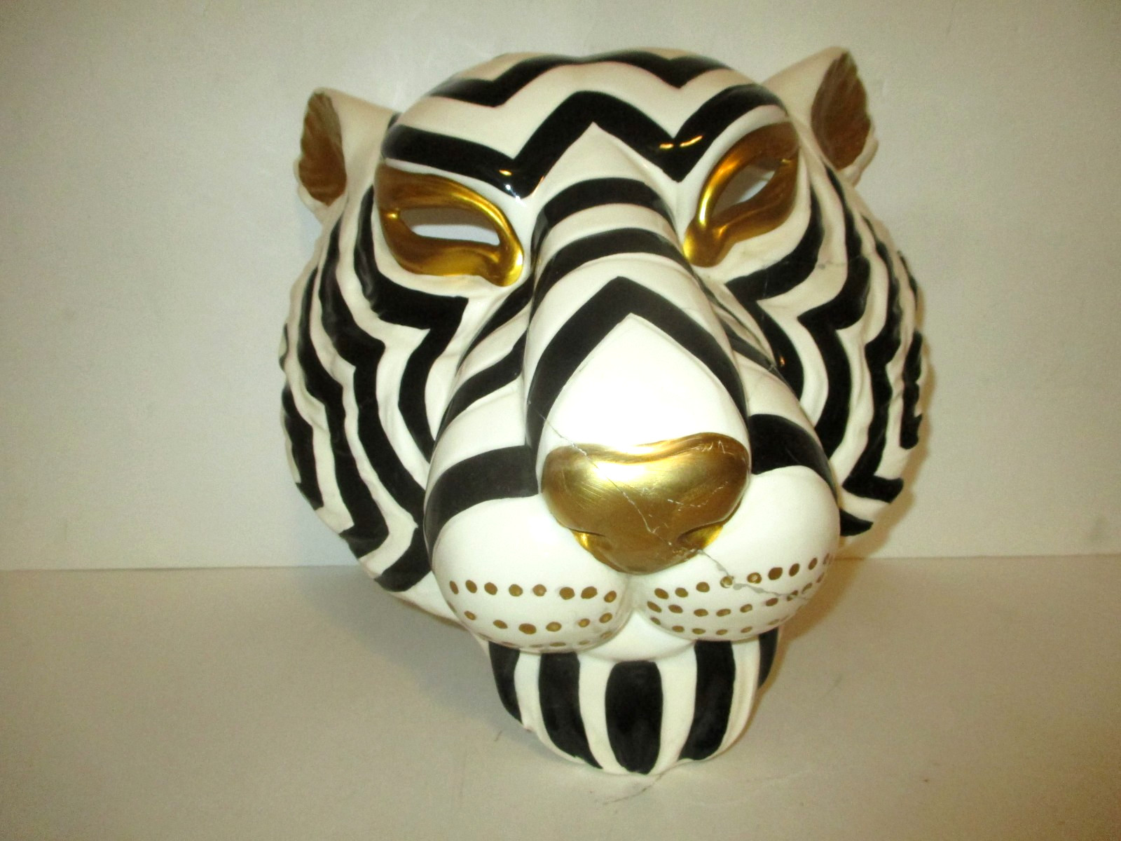14″ WHITE TIGER BLACK/GOLD MASK SCULPTURE WALL ART HIGH QUALITY DAMAGED+STAND