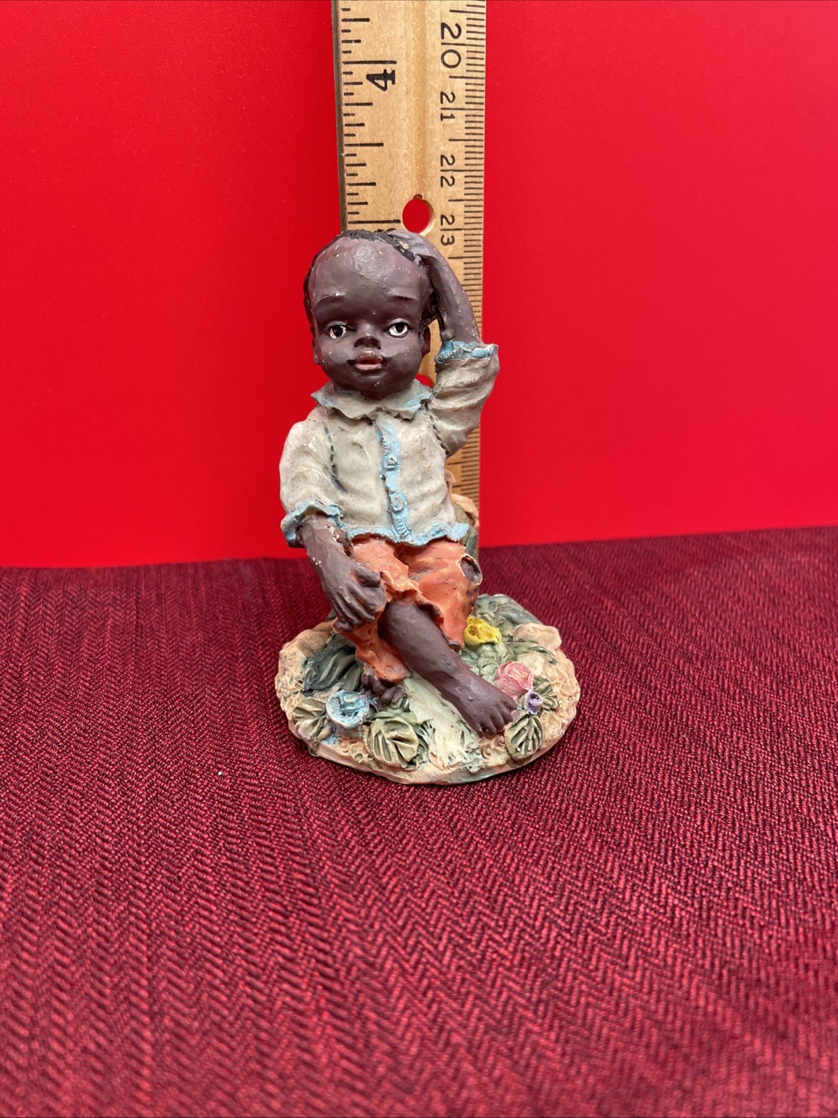 African American Black Young Boy Child Sitting On Stump Flowers Hand Head Resin