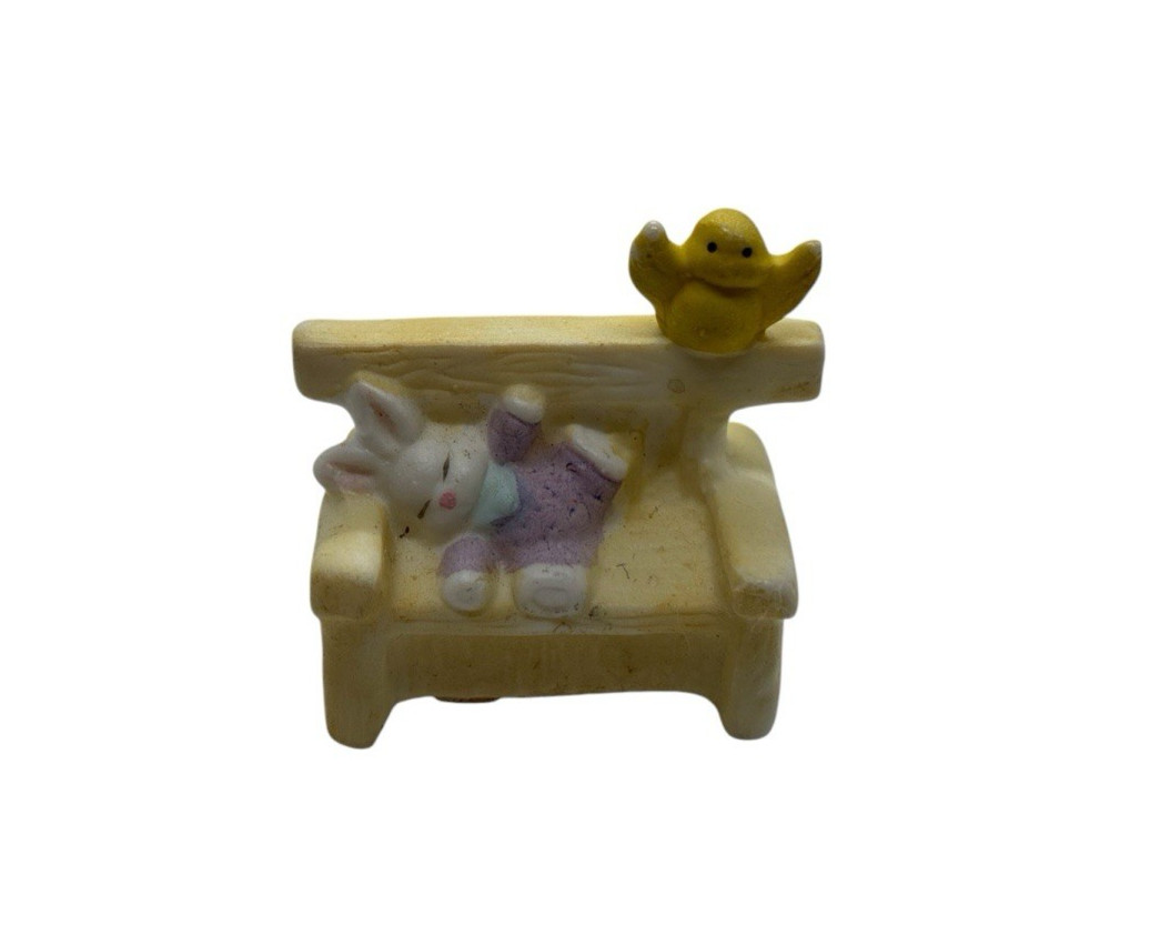 Vintage Easter Bunny Bench Figurine Sleeping Rabbit Chick Resin Mini Decor