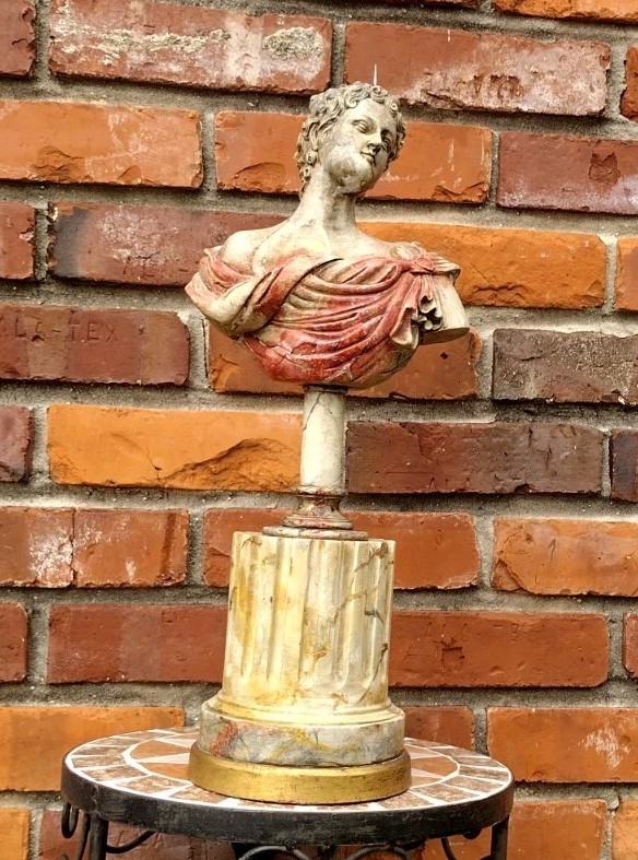 Vintage ’80s Spelter Apollo / Caesar Pop Art Bust Faux Marble Column Retro