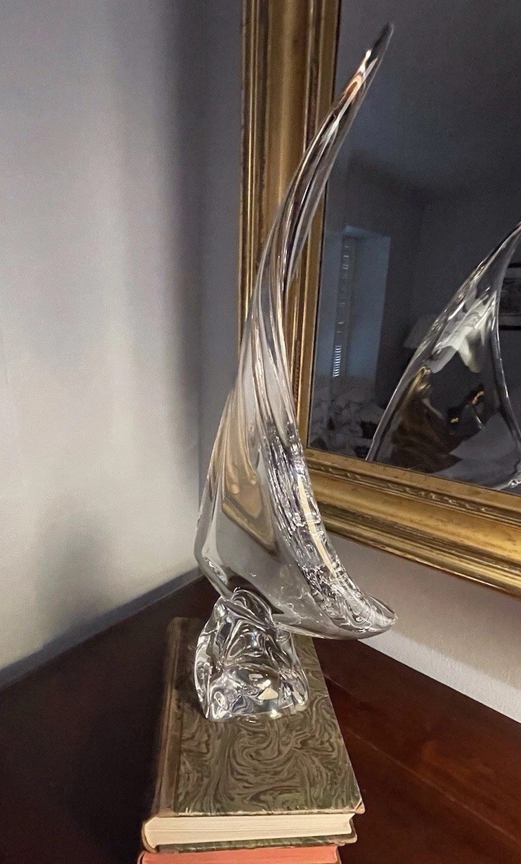 Daum Crystal Sail Sculpture, Label & Signature -Base 21h x 11” Perfect Condition