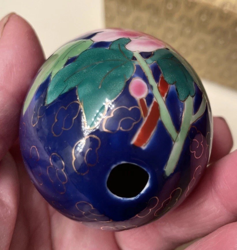 Vintage Cloisonne Egg-Hand Painted Blue Floral/Butterflies Porcelain -Wood Stand