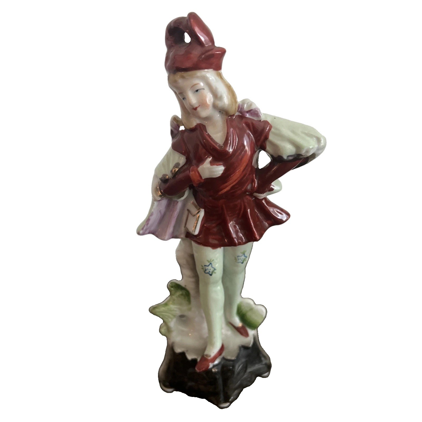 Vintage Porcelain Jester figurine Harlequin Clown Figure Red Green Gold Accents