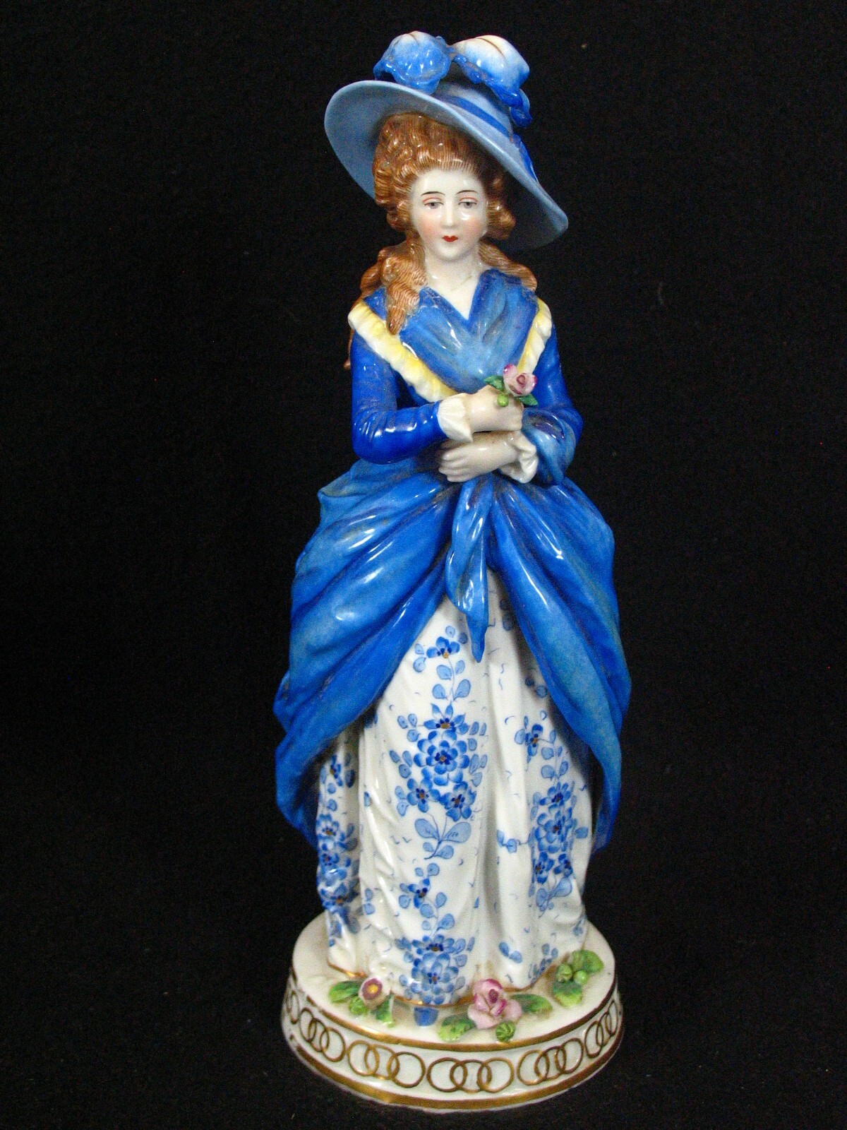 Antique Chelsea Gold Anchor Porcelain Figurine Lady W/ Hat Blue Floral Dress 10″