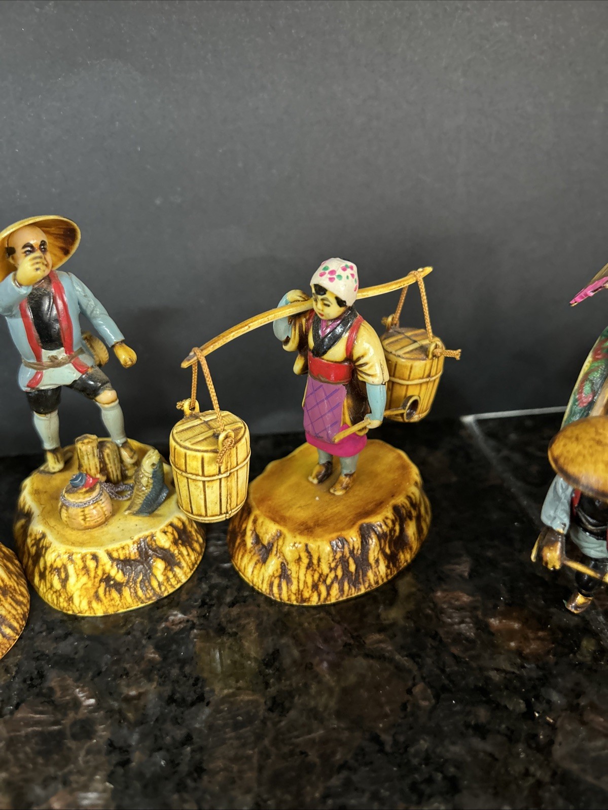 5-VTG Celluloid Figures Including Japanese Rickshaw Asian Man Geisha Girl Figure