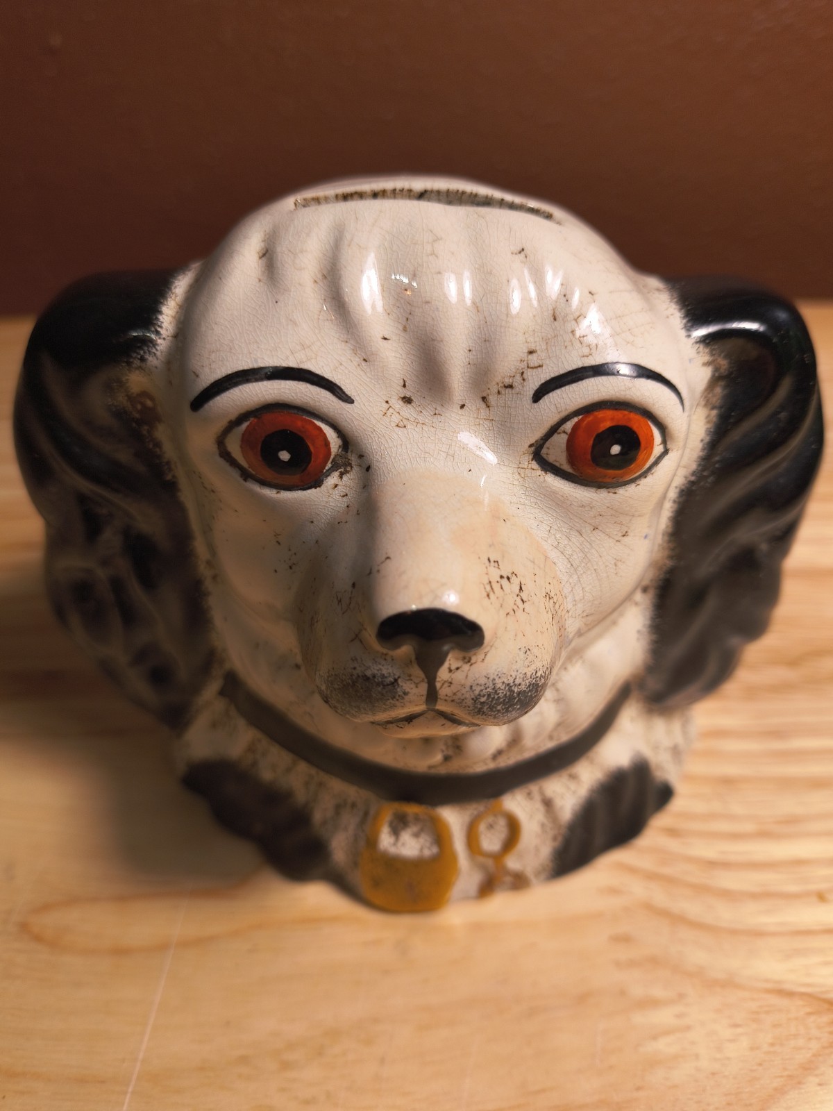 Early English Staffordshire Black & White Spaniel Bank Money Box 19C Figurine