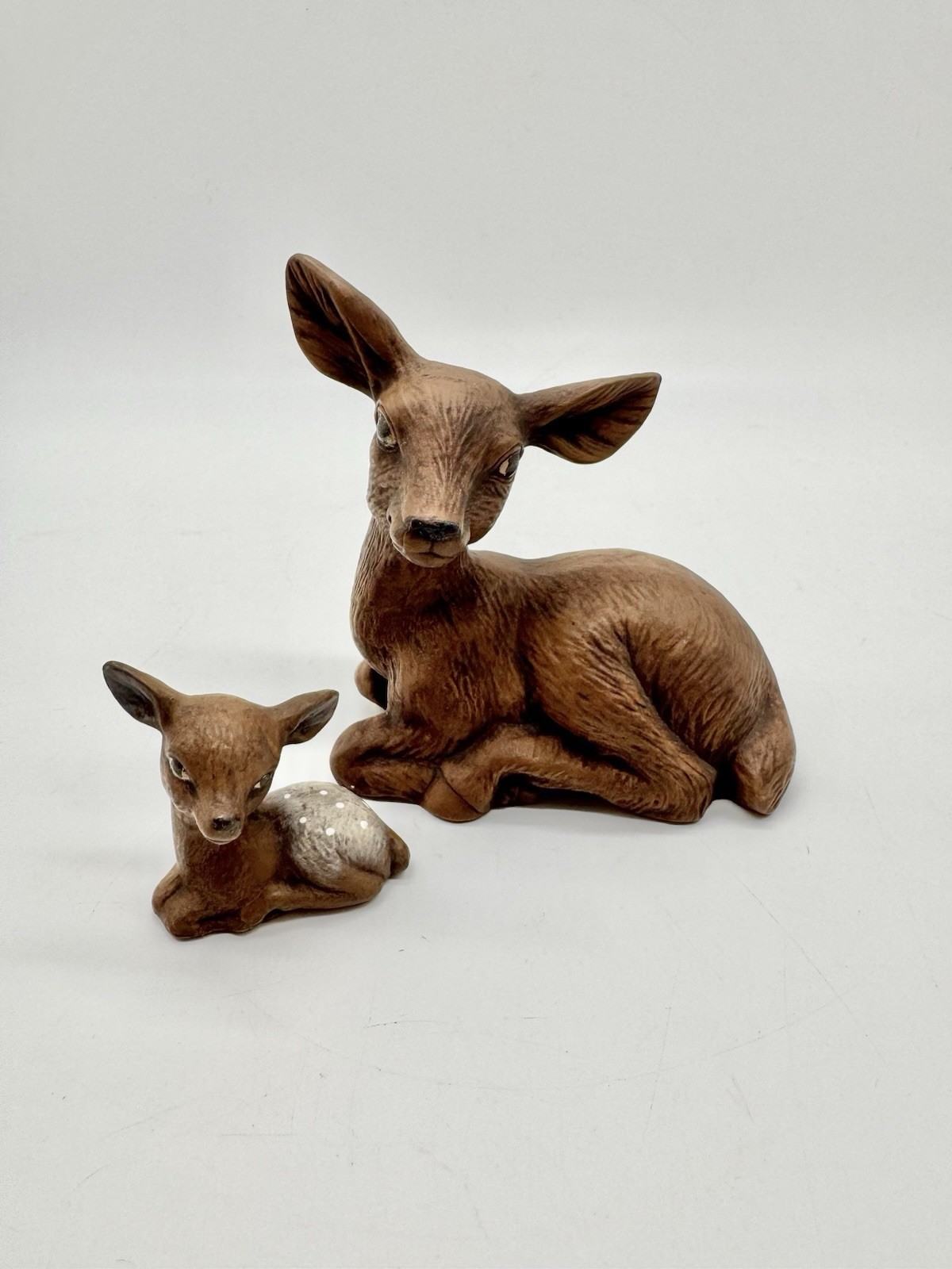 Vintage Ceramic Figures Mother Deer And Fawn With Spots Brown