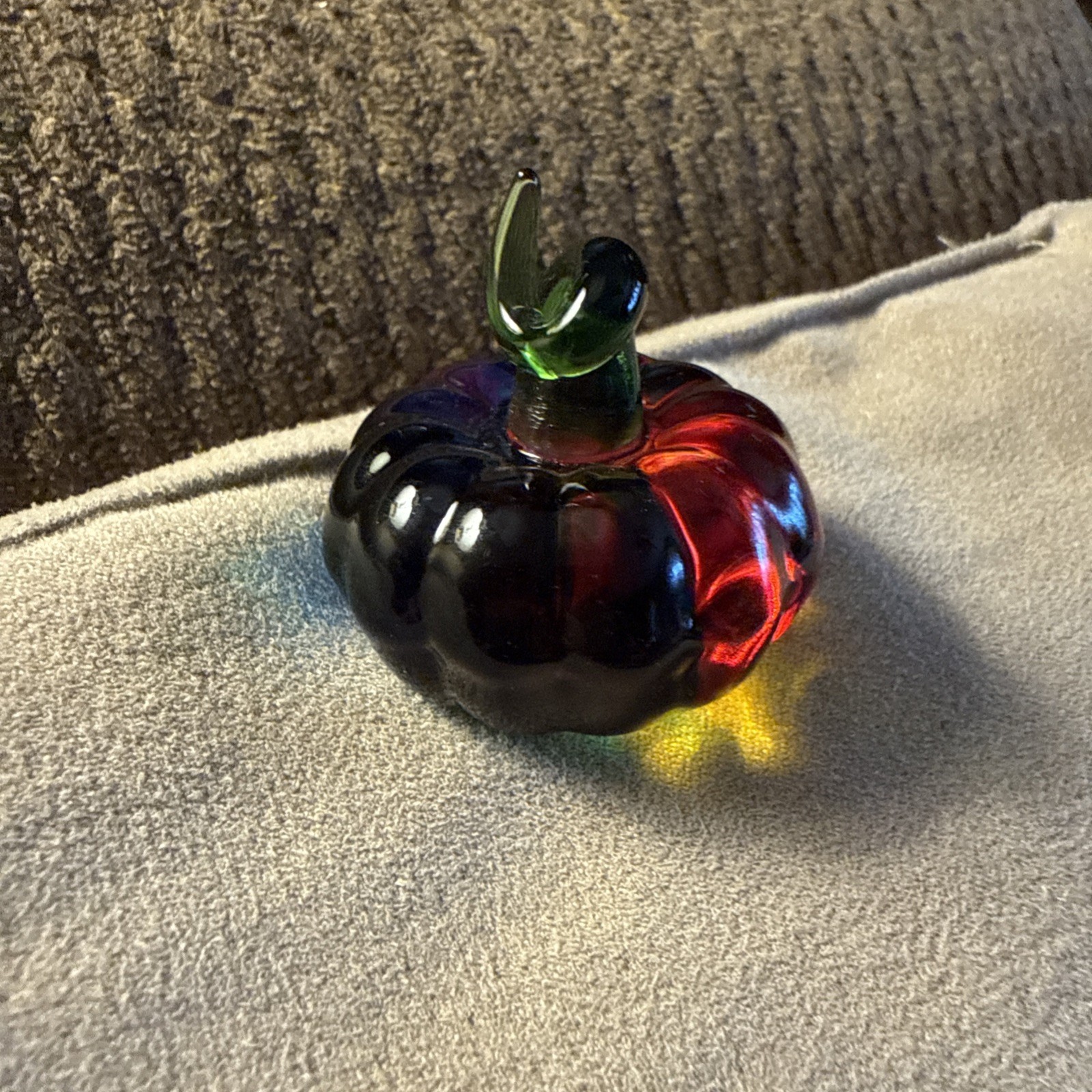 Handcrafted Glass Multi Colored Pumpkin With Green Stem Figurine
