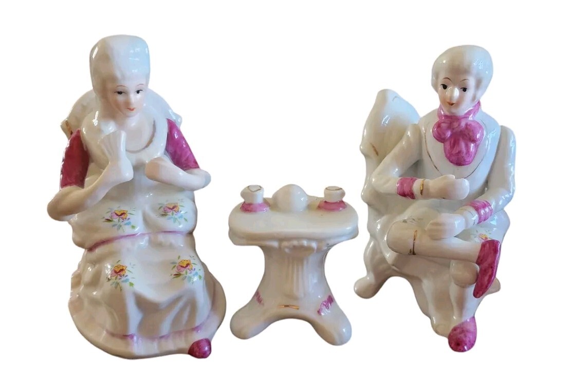 Vtg. Victorian Porcelain Man Woman Tea Time Figures 3 Pieces IAC International