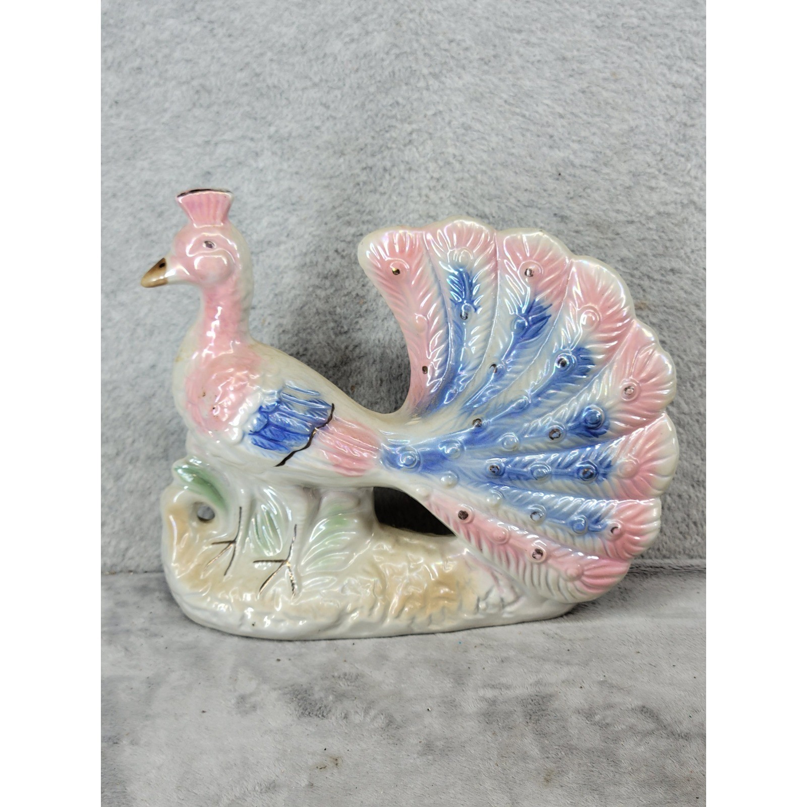Vintage Iridescent Peacock Ceramic Figurine Pink Blue Lusterware Made in China