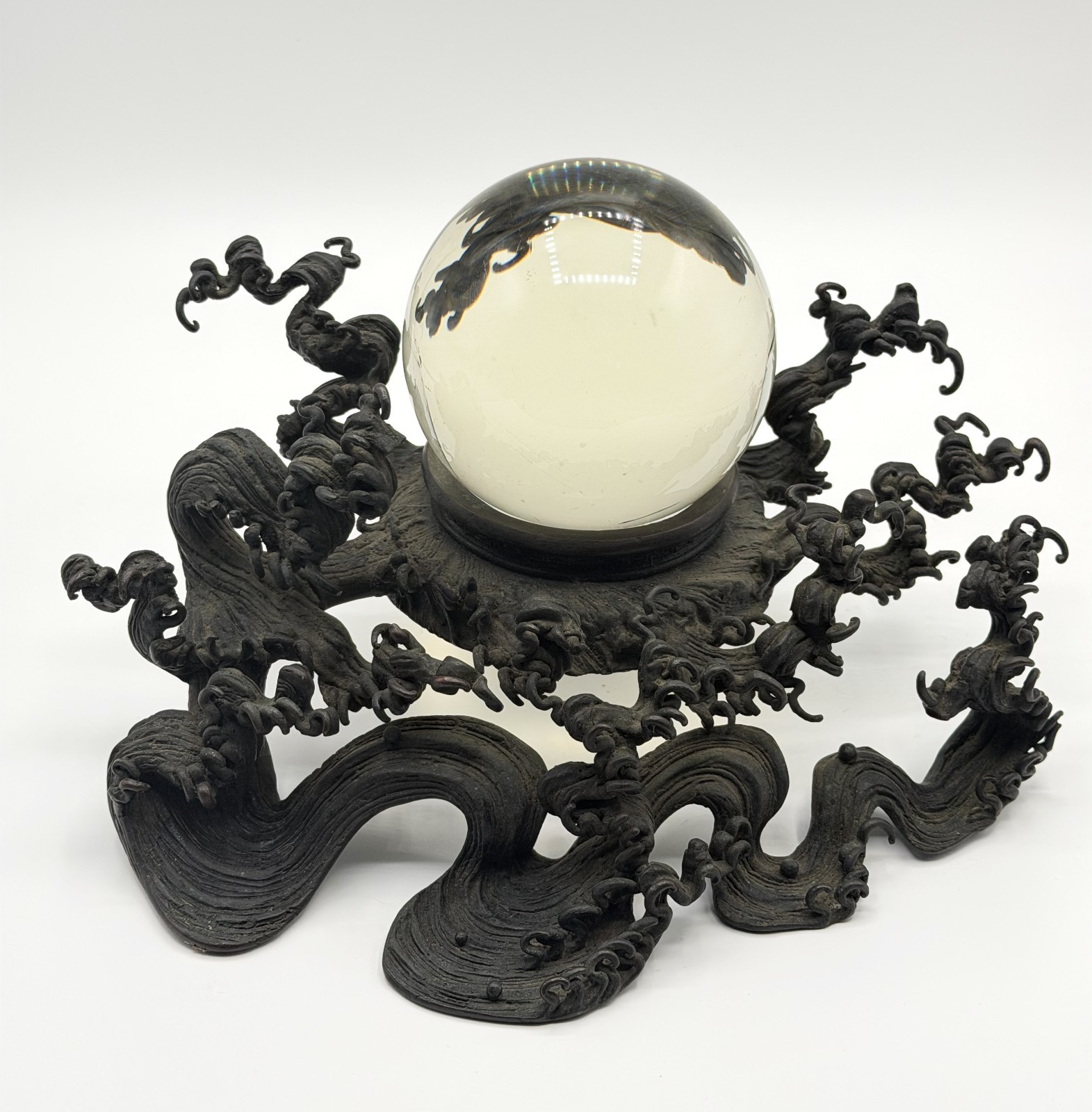 Rare Large Bronze Ocean Wave Sculpture Crystal Ball Okimono Style Unique