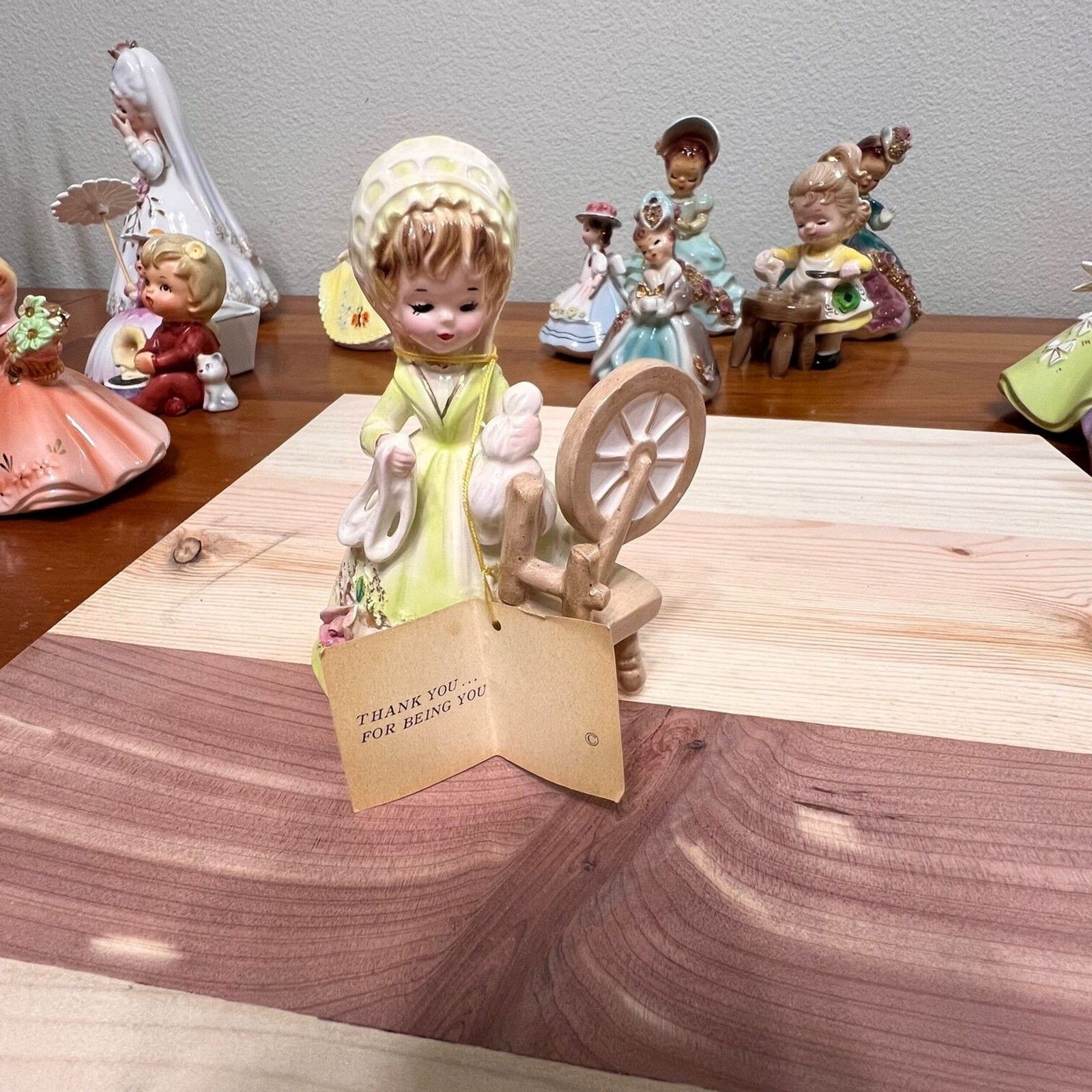 Josef Originals Rare COLONIAL DAYS SERIES, Girl in Green Spinning Wheel Figurine
