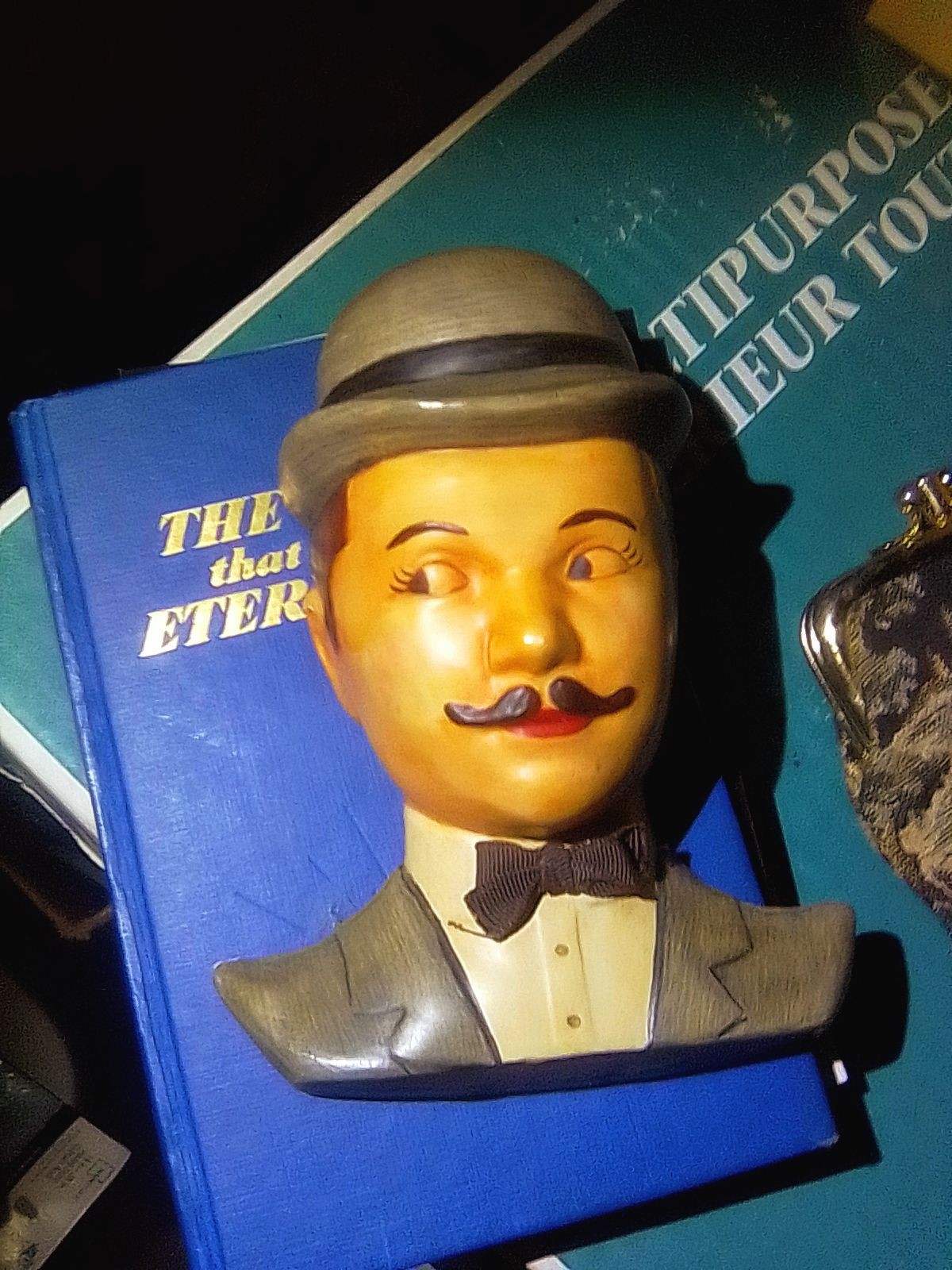 Ceramic Painted Bust Figurine with Bowler Hat Green Beige Brown Sculpture