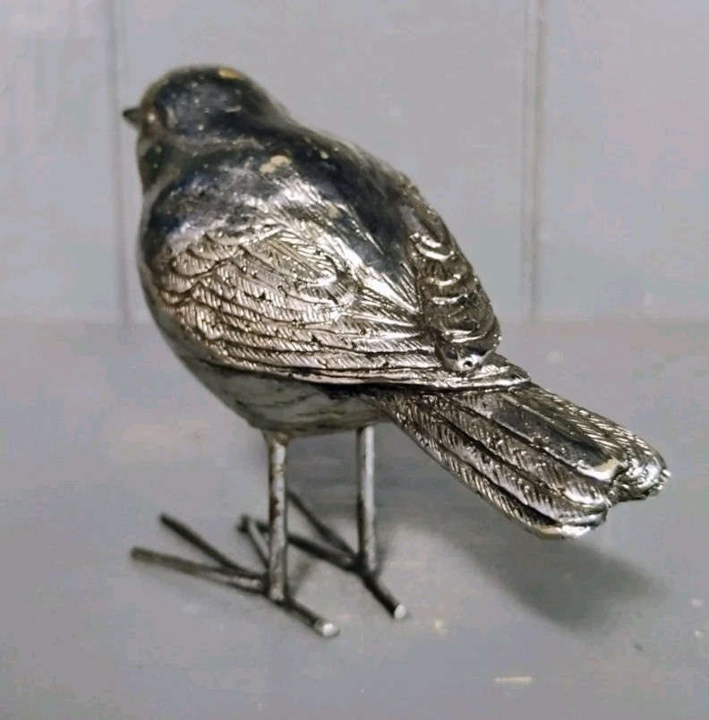 Silver Colored Metal Bird Figurine Small Wren Chickadee Sculpture Shelf Sitter