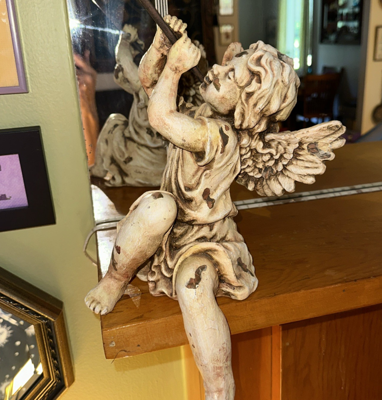 PAIR OF VINTAGE SITTING ANGEL CHERUBS BLOWING HORNS ~ SET OF 2 SIGNED