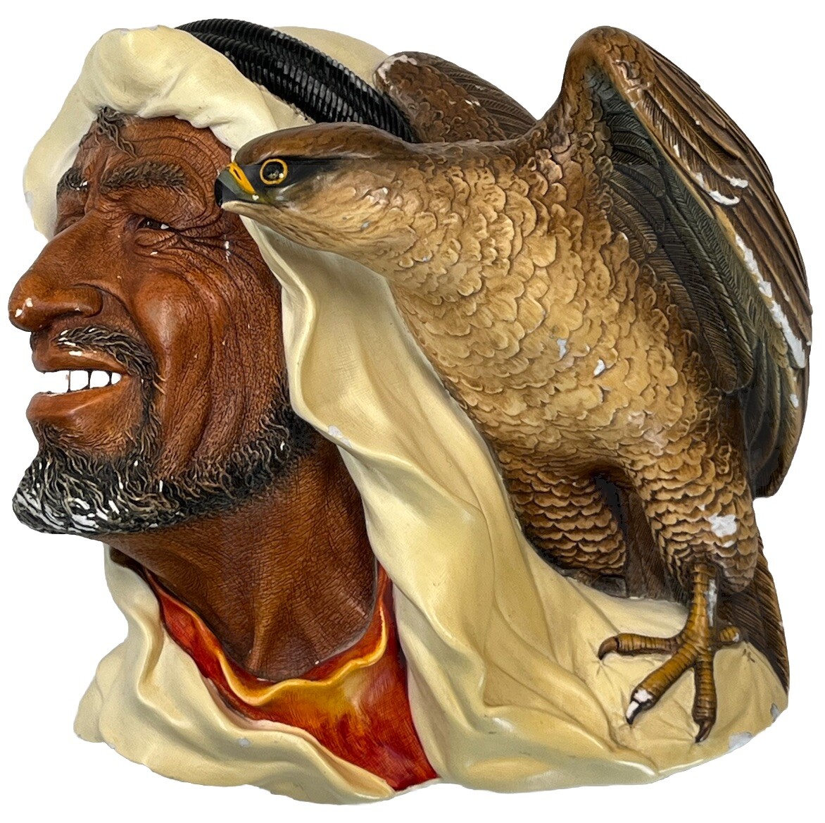BOSSONS “Desert Hawks” Wall Plaque •Chalkware Bedouin Man/Arab Shiek & Falcon