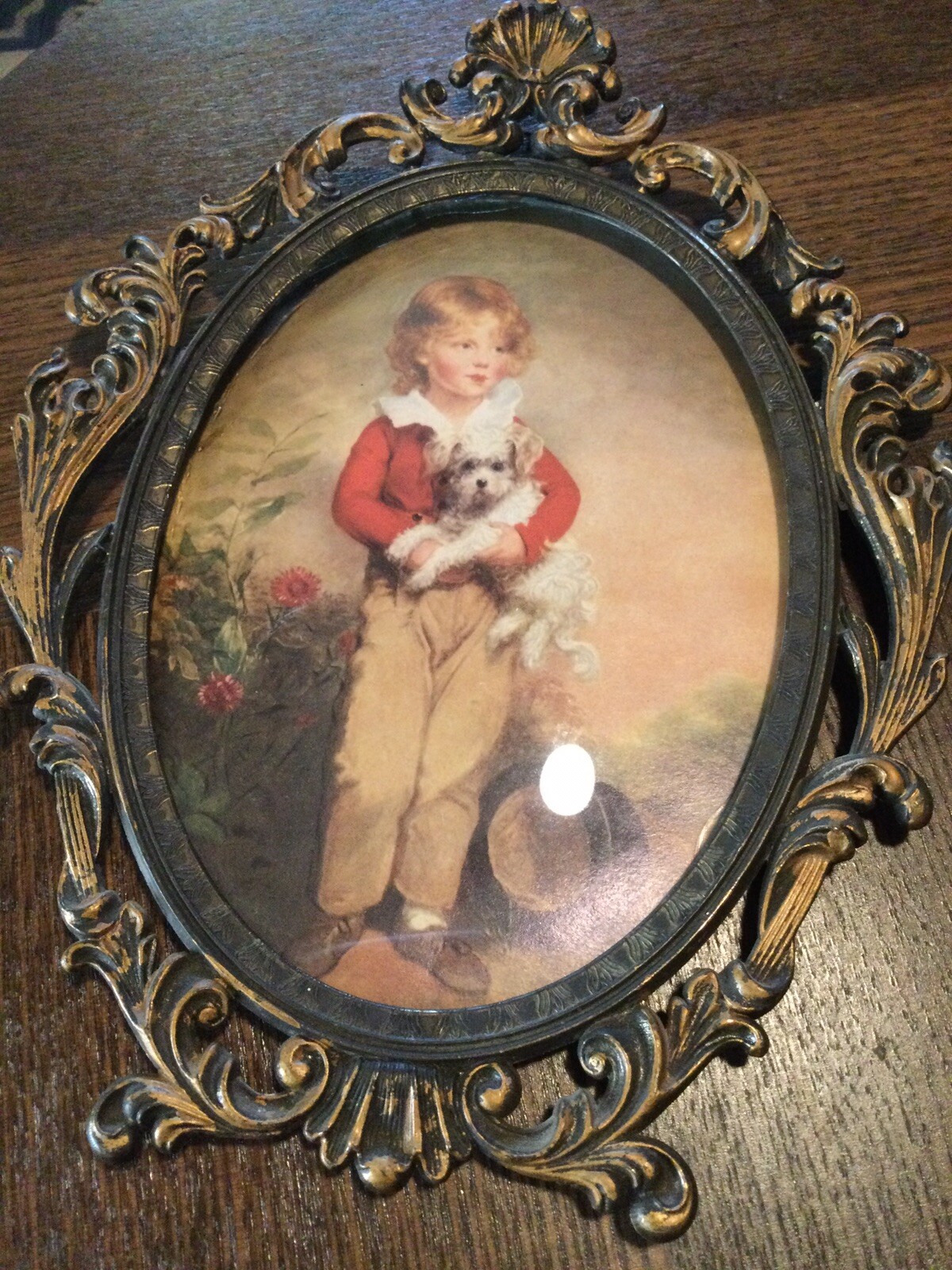 Vintage Oval Portrait Jung Boy Whit Dog In Brass Frame