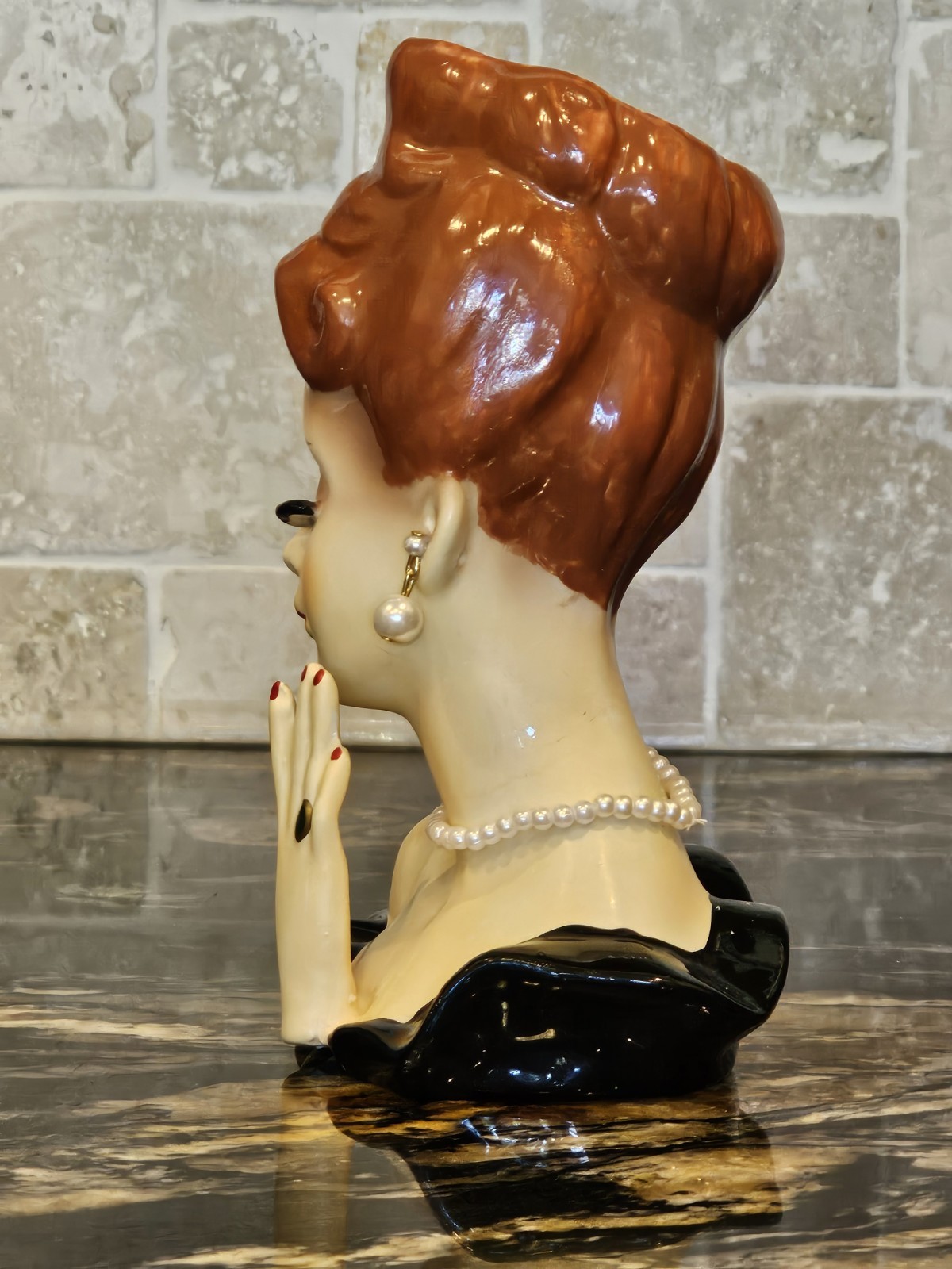 Lady Head Bust Figurine Woman Pearl Necklace Black Dress 7in REPRODUCTION