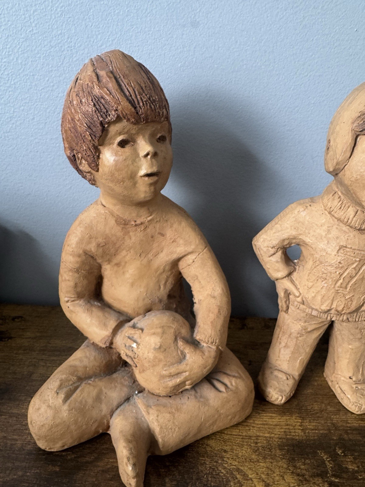 Lee Bortin Signed Clay Children Figurines Football Kids Folk Art Lot Of 2