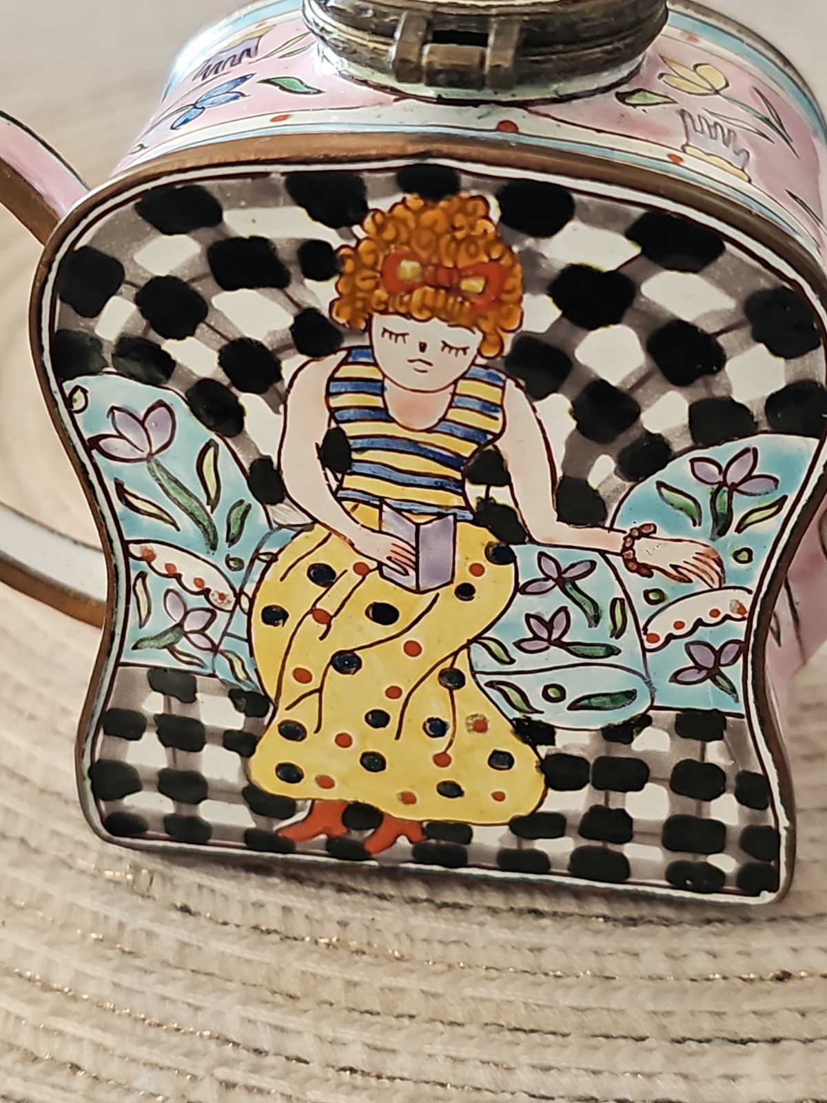 collectible vintage Kelvin Chen Teapot Chinese, miniature woman Cloisonne Enamel