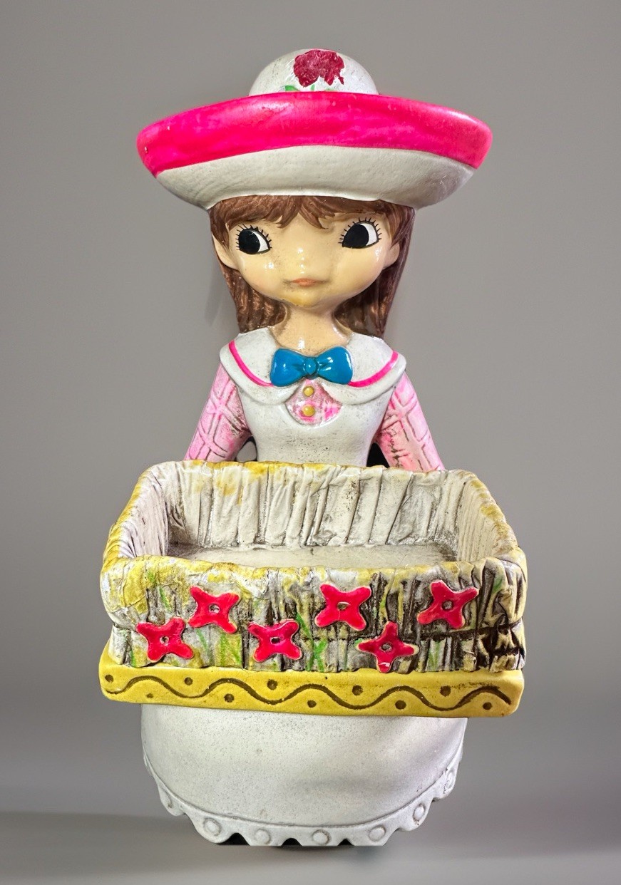 Vintage Chalkware Carl Bernard Japan Girl Planter Big Eyes Bonnet Kitsch 1950s