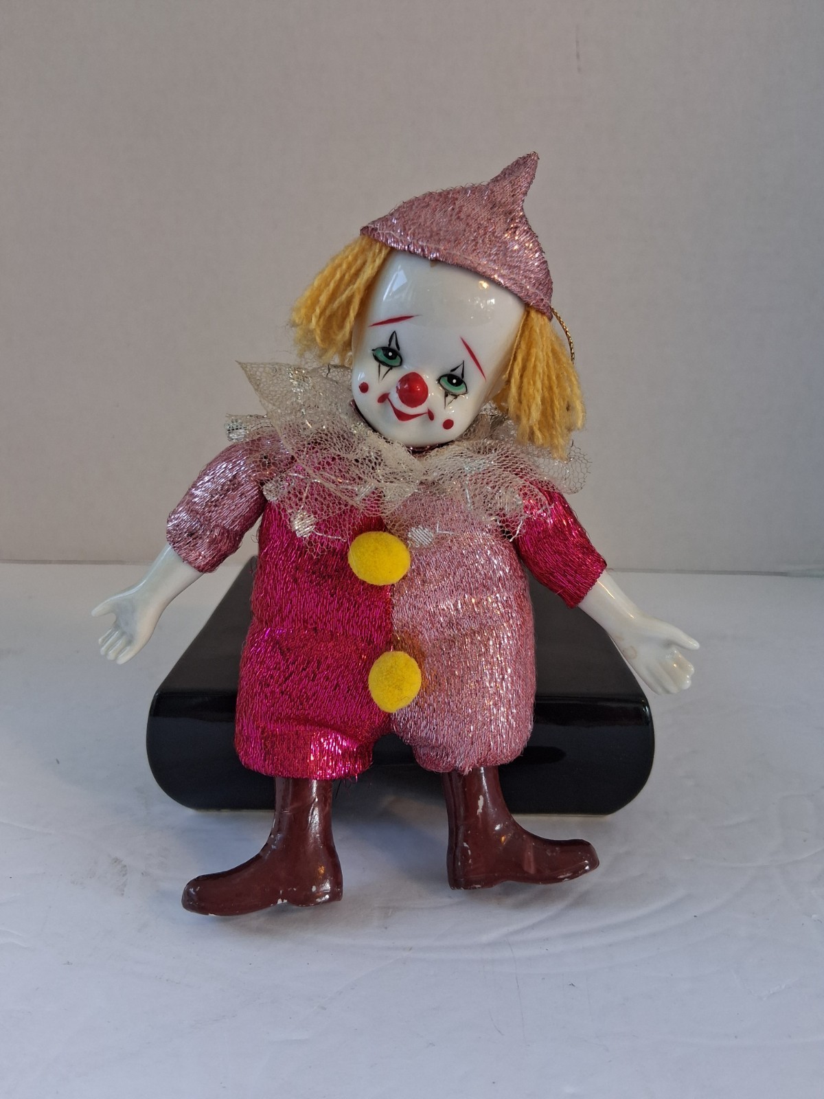 Vintage Porcelain Clown 8″; (soft Body); Fuschia & Lt. Pink Coloring; EUC