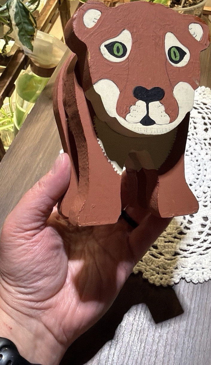 Hand-Painted Wooden Cougar Figurine, Brown Animal Print with Green Eyes