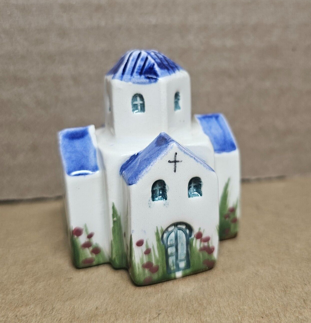 VINTAGE CHURCH HAND MADE IN GREECE CROSS CERAMIC BLUE WHITE DELFT BUILDING JESUS
