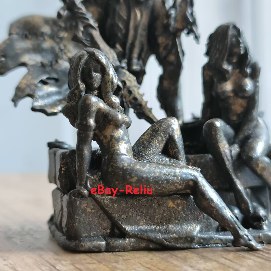 Solid Copper Vintage Skeleton Warrior with 2 Sexy Maid Beauties Ornament Decor