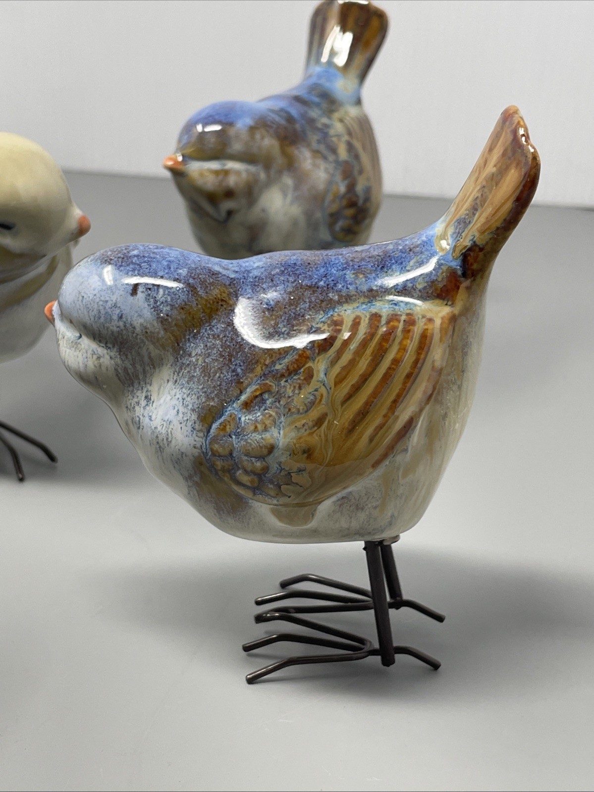 5 Vintage Ceramic Birds Figurine Glossy Finish Metal Legs Garden Decor