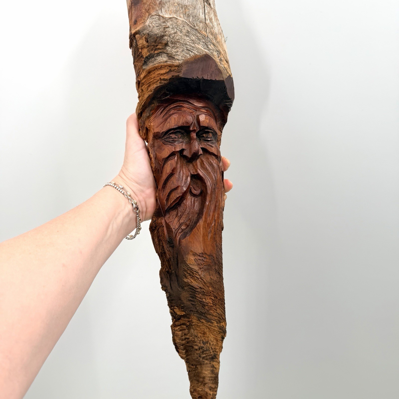 Vintage Hand Carved Folk Art Tree Bearded Man Face Tree Spirit – 20″ Long
