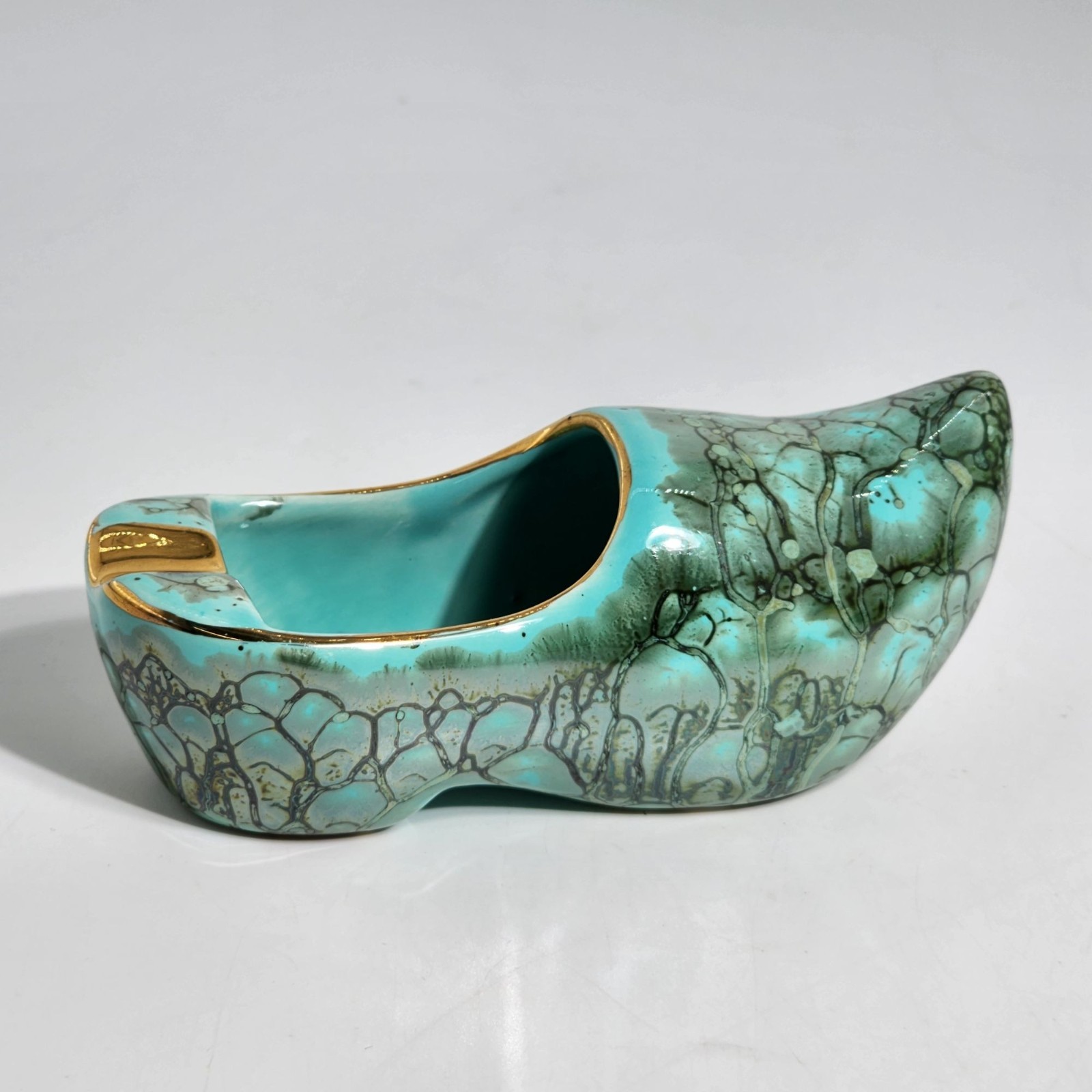 Vintage Dutch Ceramic Clog Shoe Turquoise and Gold Hand Painted Made in Holland