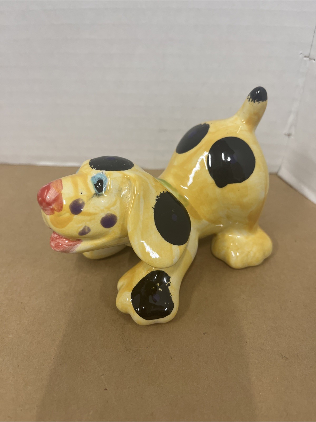 Ceramic Handpainted Playful Spotted Puppy Dog W Glossy Glaze Signed A. A.