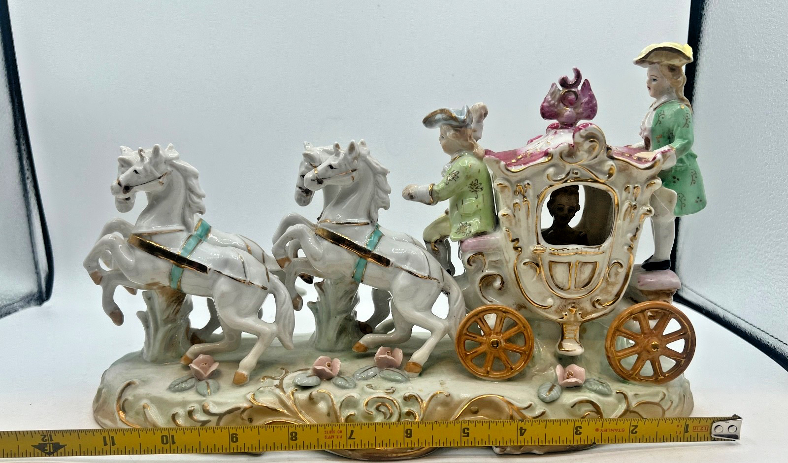 Vintage 1950s Victorian Horse and Carriage Porcelain Ceramic Figure White Gold