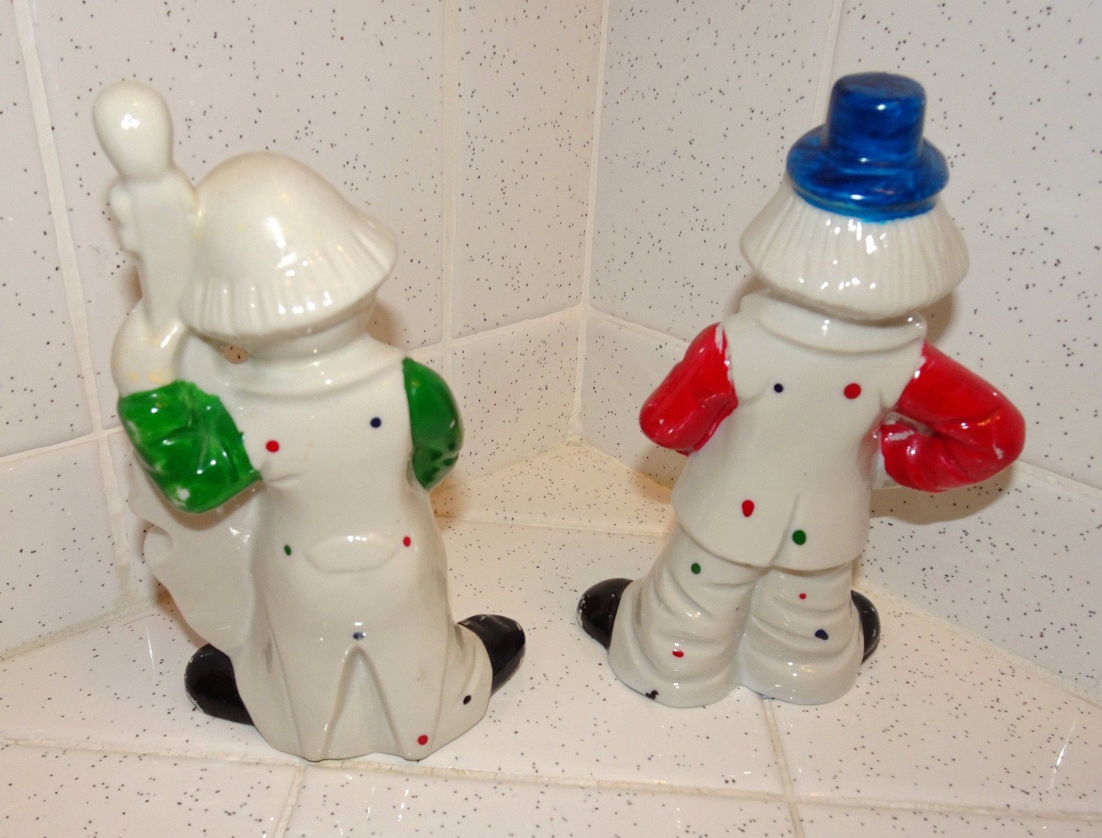 Vintage Two Ceramic Clowns Playing Instruments