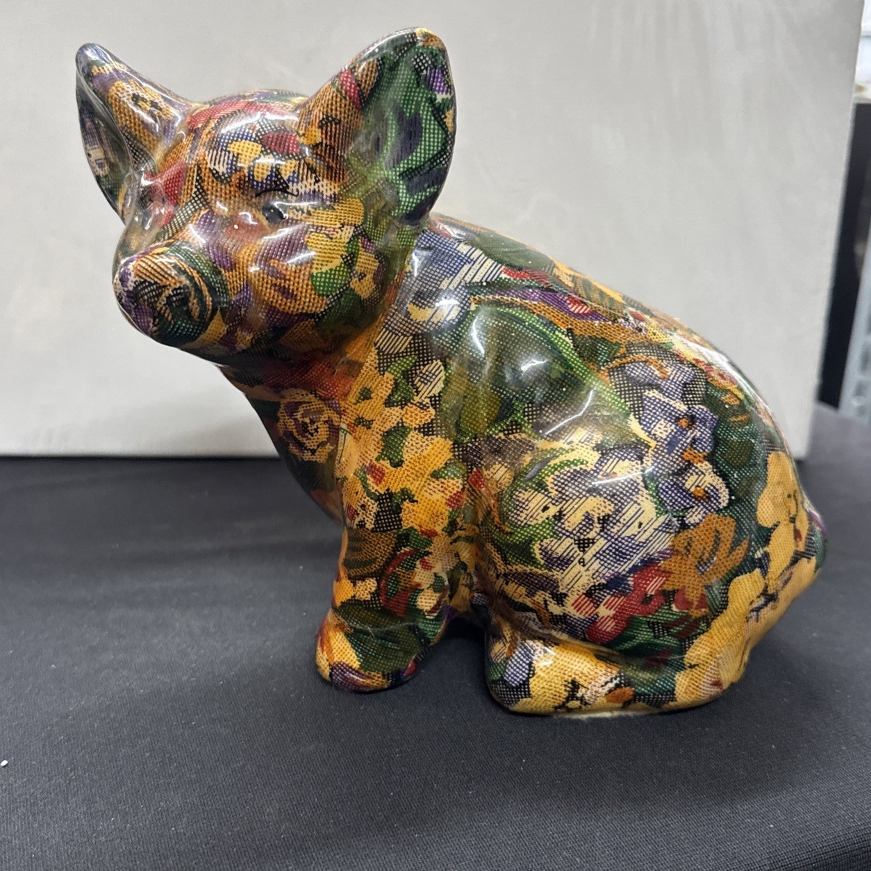 Vintage Joan Baker Designs Porcelain Patchwork Large Floral Pig Figurine