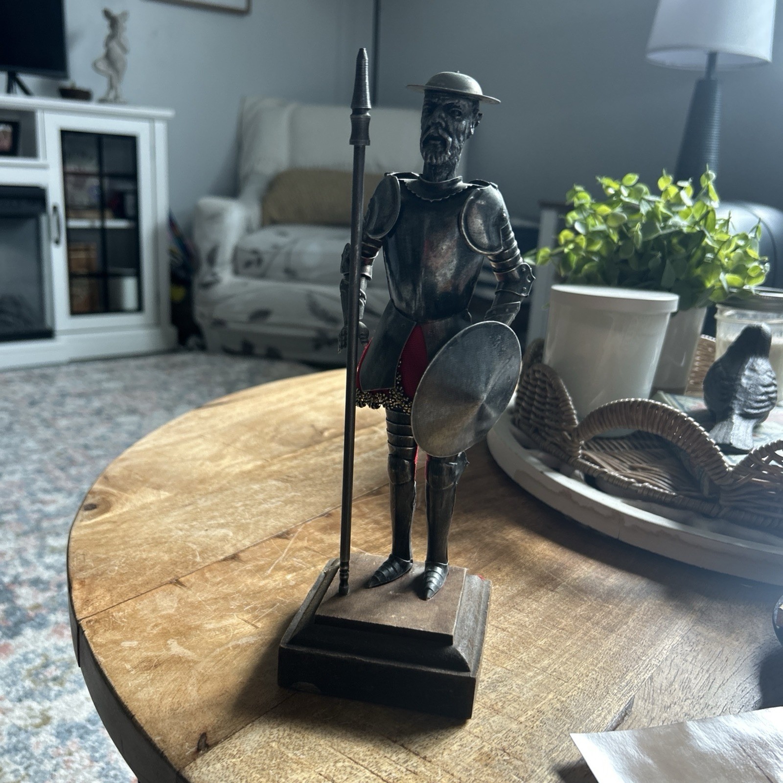 VINTAGE DON QUIXOTE FIGURE DRESSED IN METAL KNIGHT ARMOUR W/ STAFF & BOOK – RARE