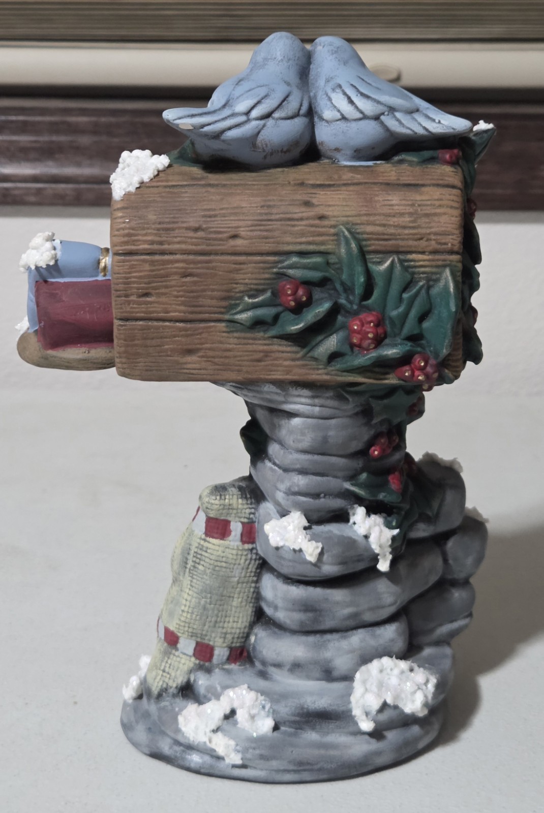 Vintage Love Birds Chickadees On Mailbox Holly Berries Christmas Hand Painted 9″
