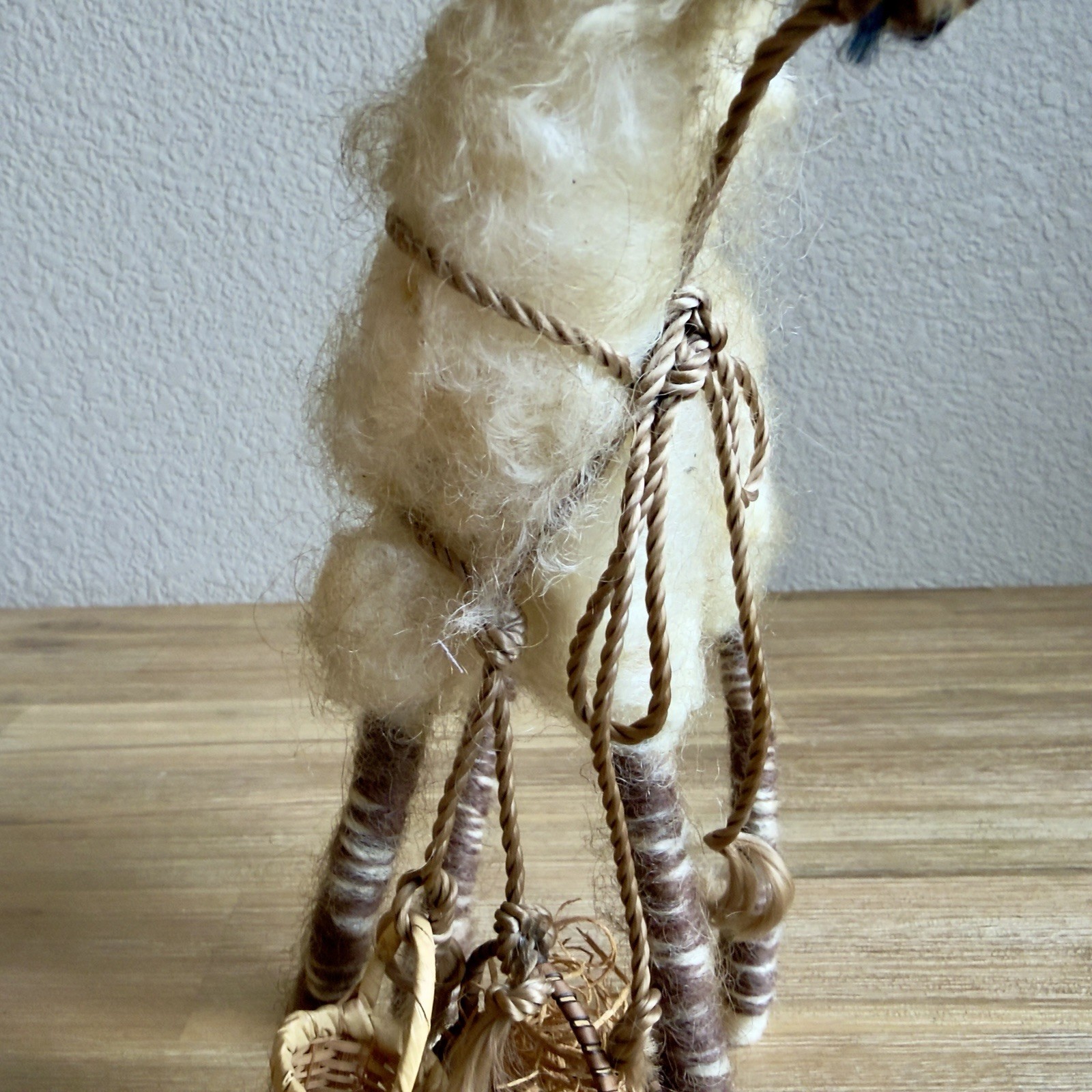 Handmade Wool Felt Llama Alpaca Figurine Folk Art Miniature w Basket 10in