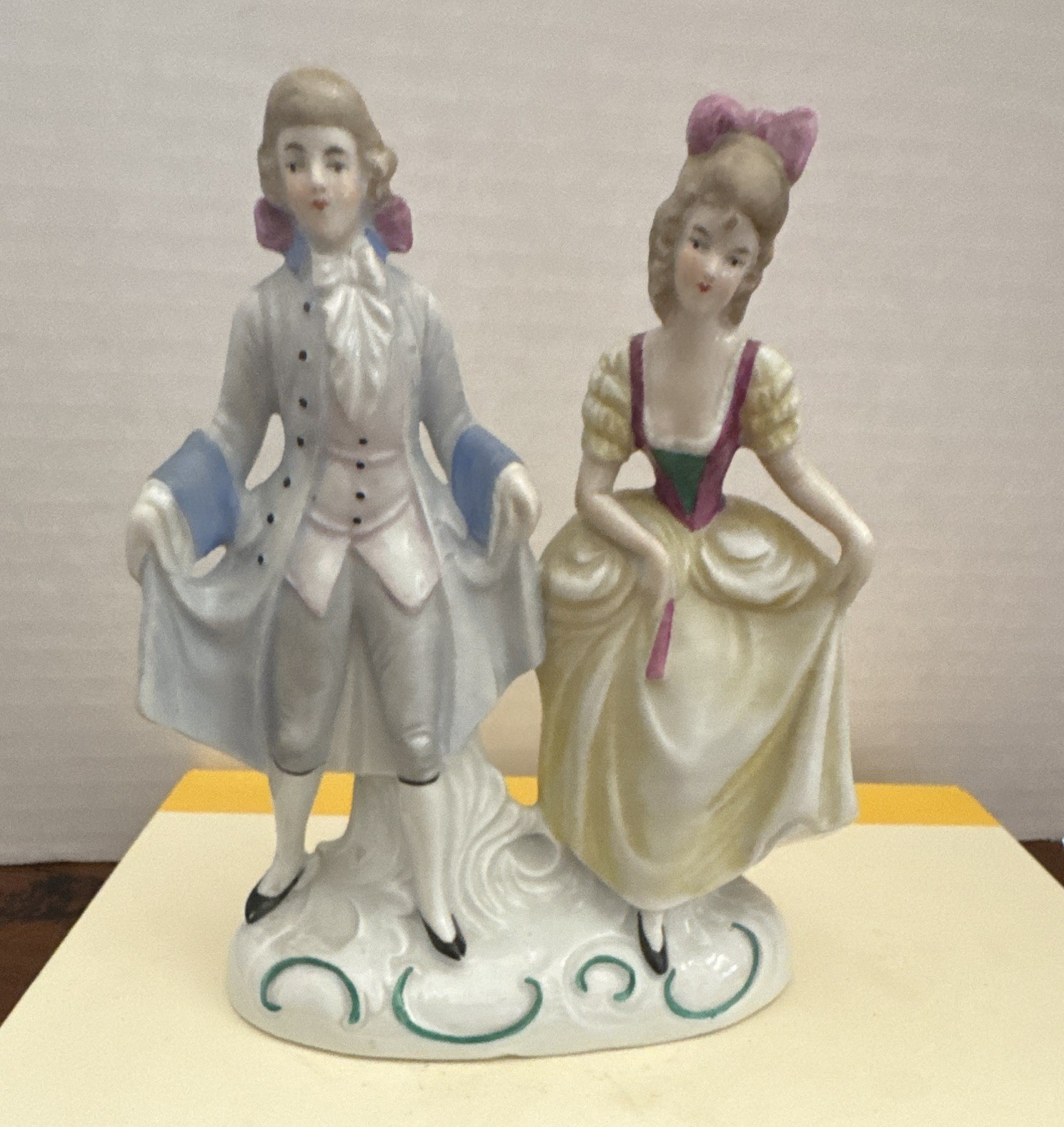 Hand Painted Porcelain Couple Figurine, White Blue Pink Green Black Accents