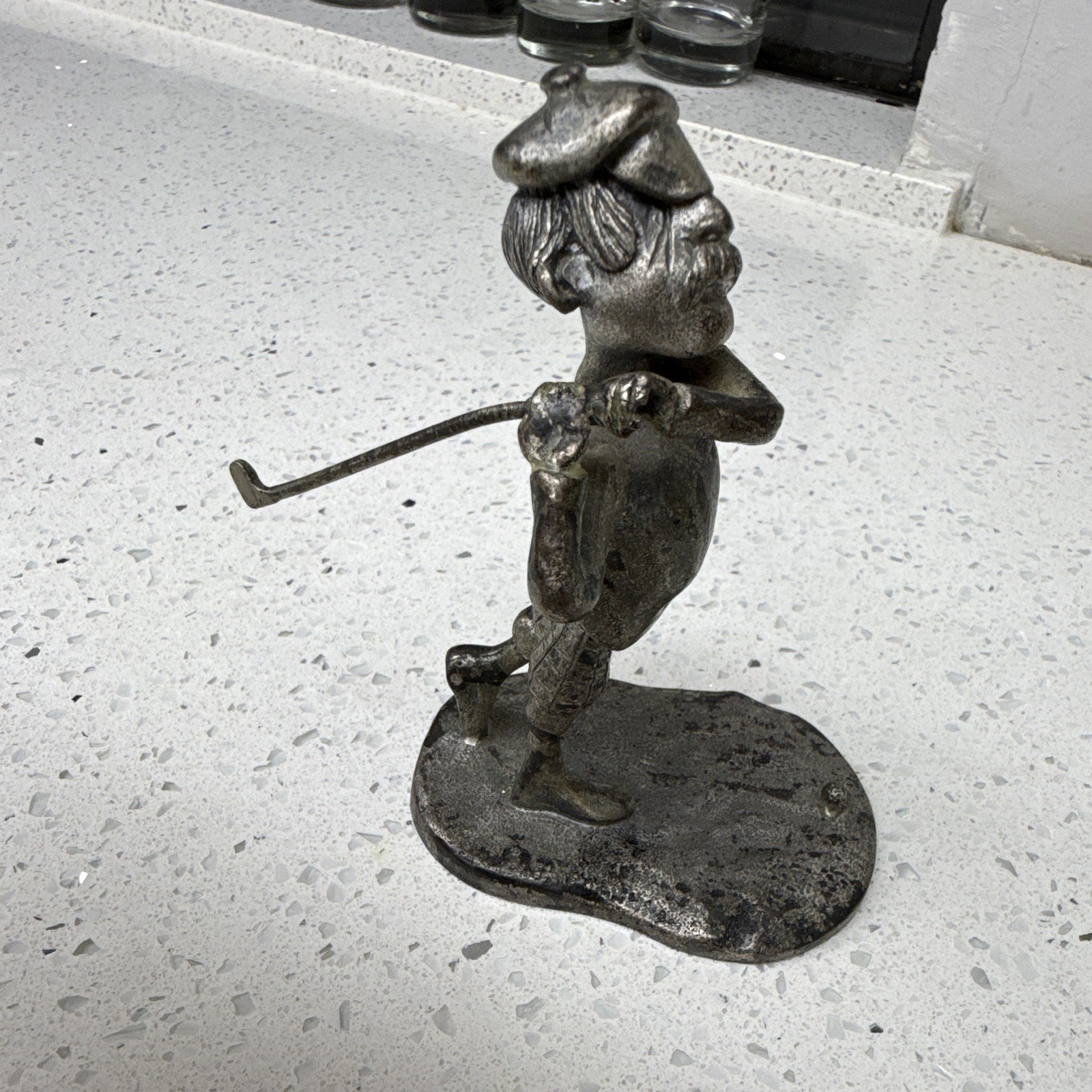Metal Golfer Figurine Statue w/ Golf Club, Silver Tone Metallic Finish