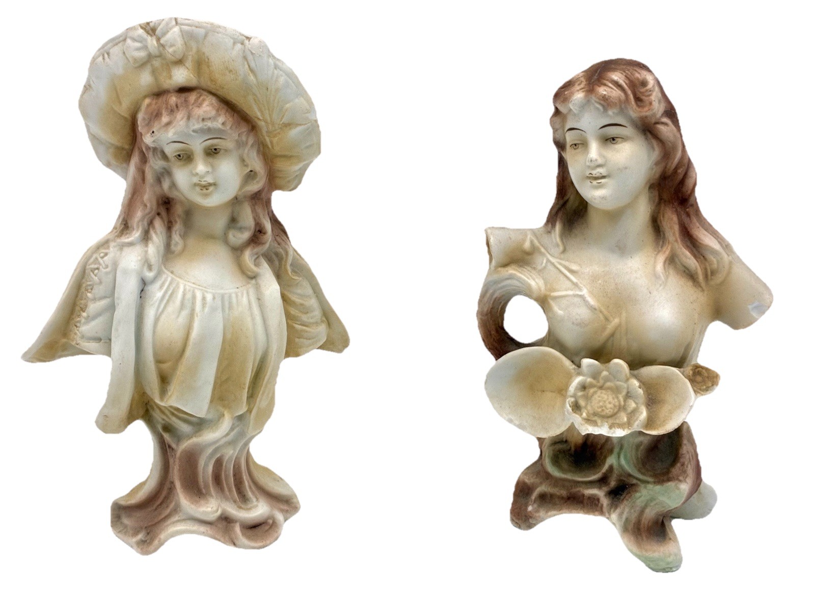 Antique 2 Small French Ceramic Busts Victorian Women Figurines Hand Painted READ