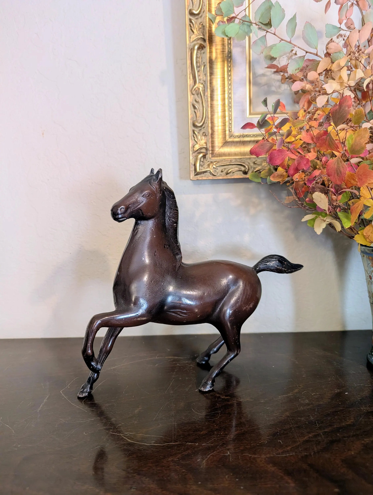 Vintage Japanese Cast Metal Horse Sculpture, Prancing Horse Figure